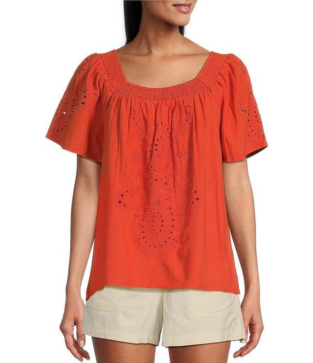 Nurture by Westbound Woven Eyelet Embroidered Short Flutter Sleeve Square Neck Top Product Image