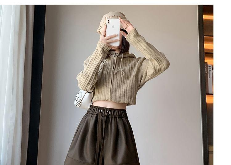 High Waist Plain Faux Leather Wide Leg Shorts Product Image