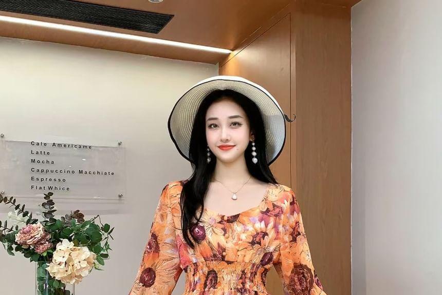 Puff-Sleeve Floral A-Line Dress Product Image