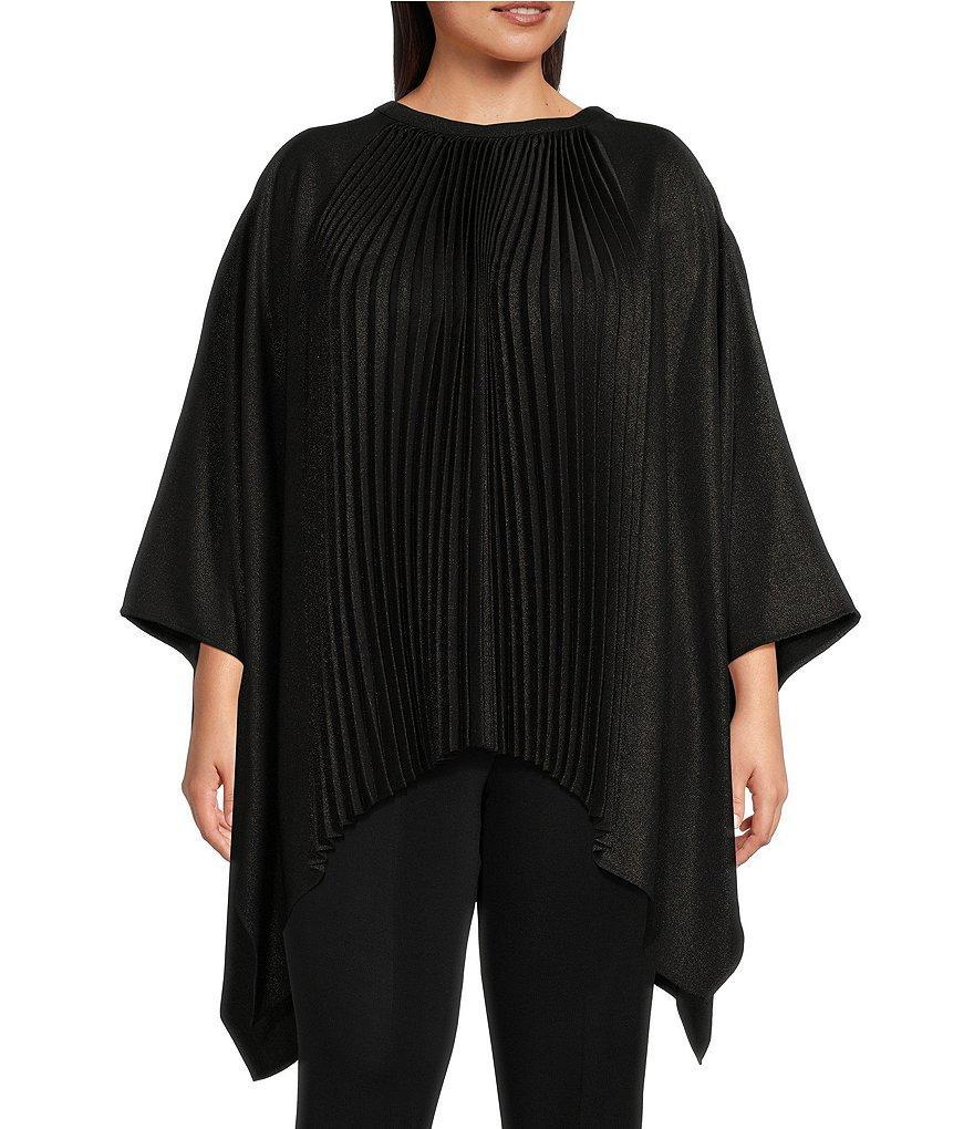 Ming Wang Plus Size Shimmering Pleated Crew Neck 3/4 Sleeve Poncho Top product image