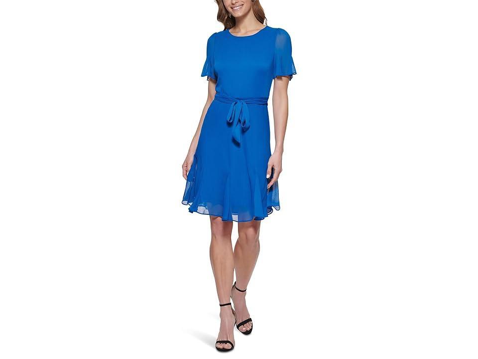 DKNY Godet Short Sleeve and Skirt w/ Tie Waist Dress Lagoon) Women's Clothing Product Image