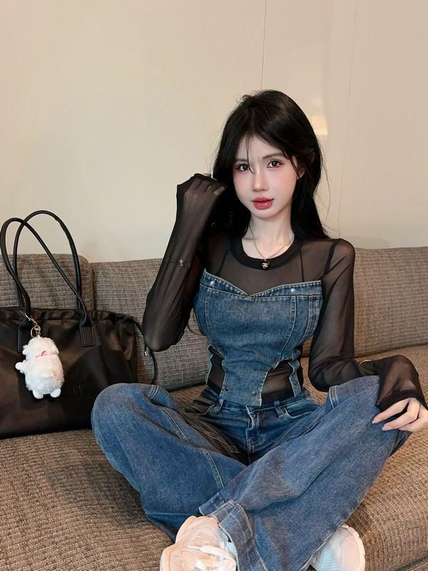 Long Sleeve Crew Neck Washed Denim Panel Sheer Crop Top Product Image