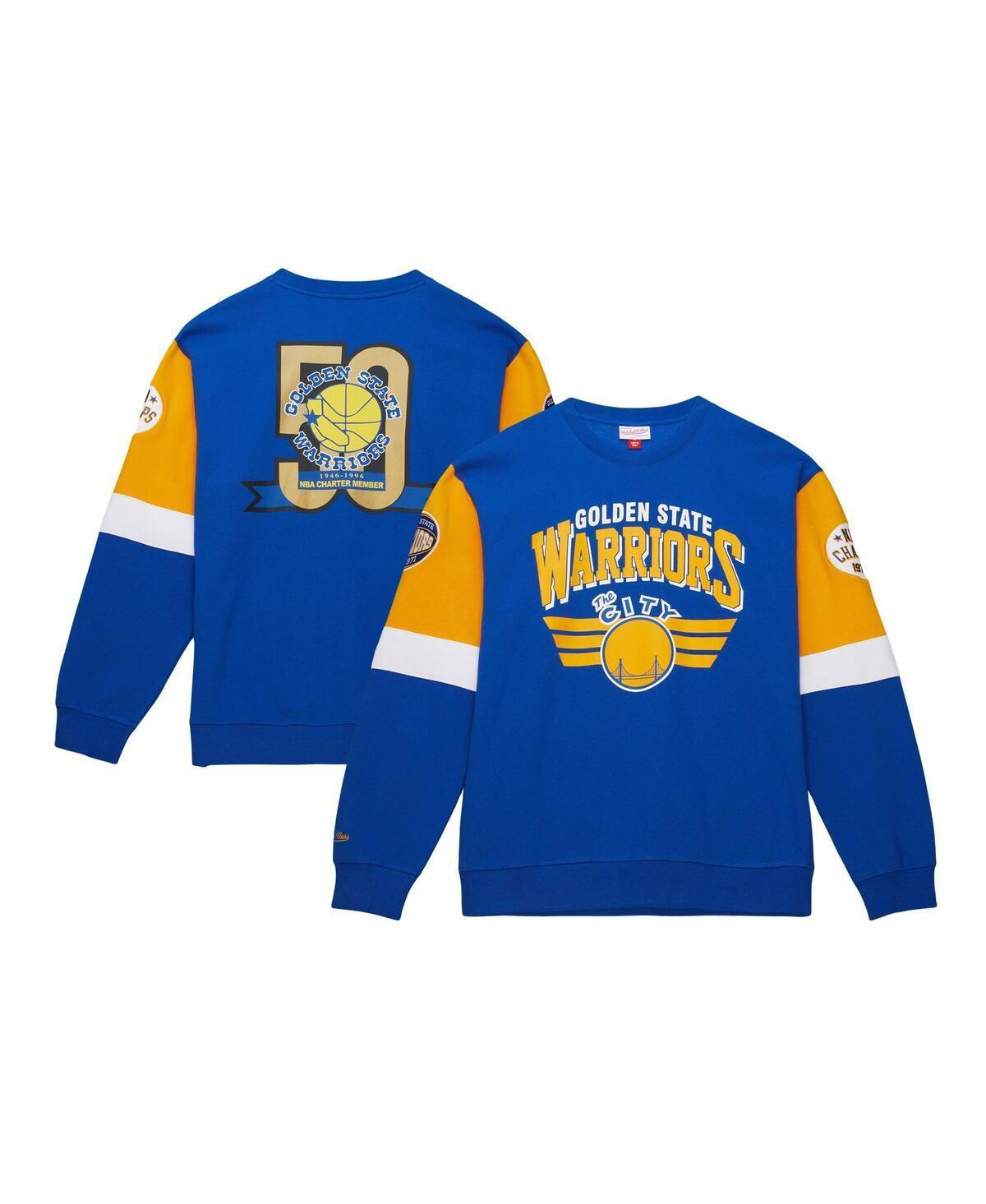 Mens Mitchell & Ness Royal Distressed Golden State Warriors Hardwood Classics Vintage-Like All Over 3.0 Pullover Sweatshirt Product Image