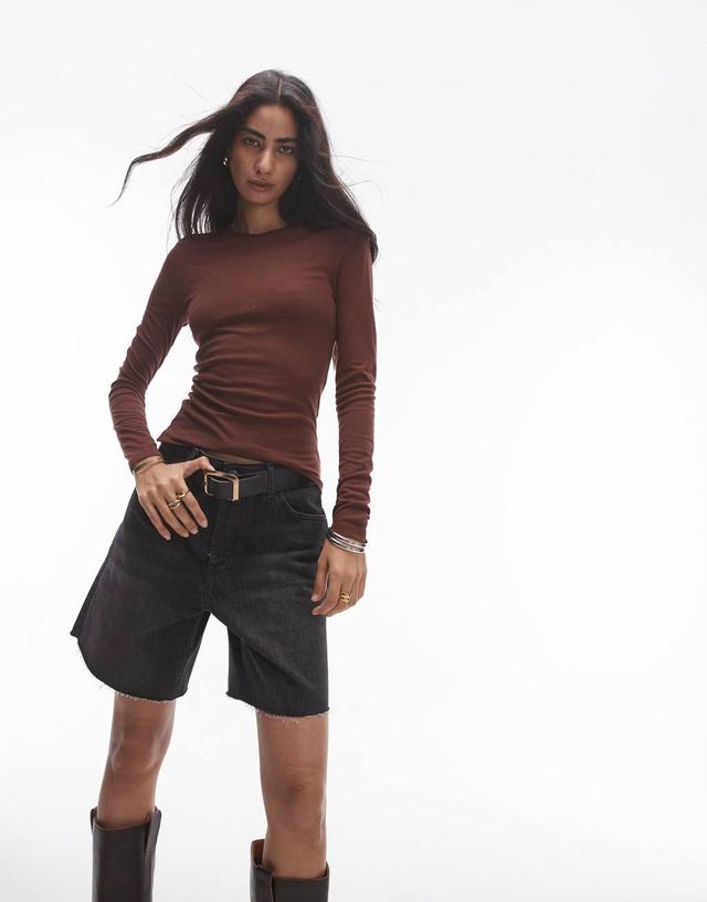 Topshop premium sheer crew neck long sleeve top in burgundy Product Image