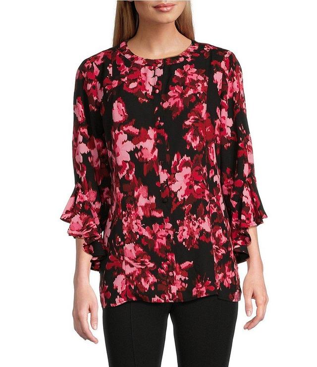 Slim Factor by Investments Crew Neck 3/4 Ruffle Sleeve Blouse Product Image