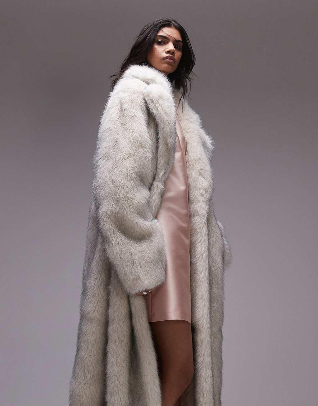 Topshop faux fur long coat in tipped white Product Image