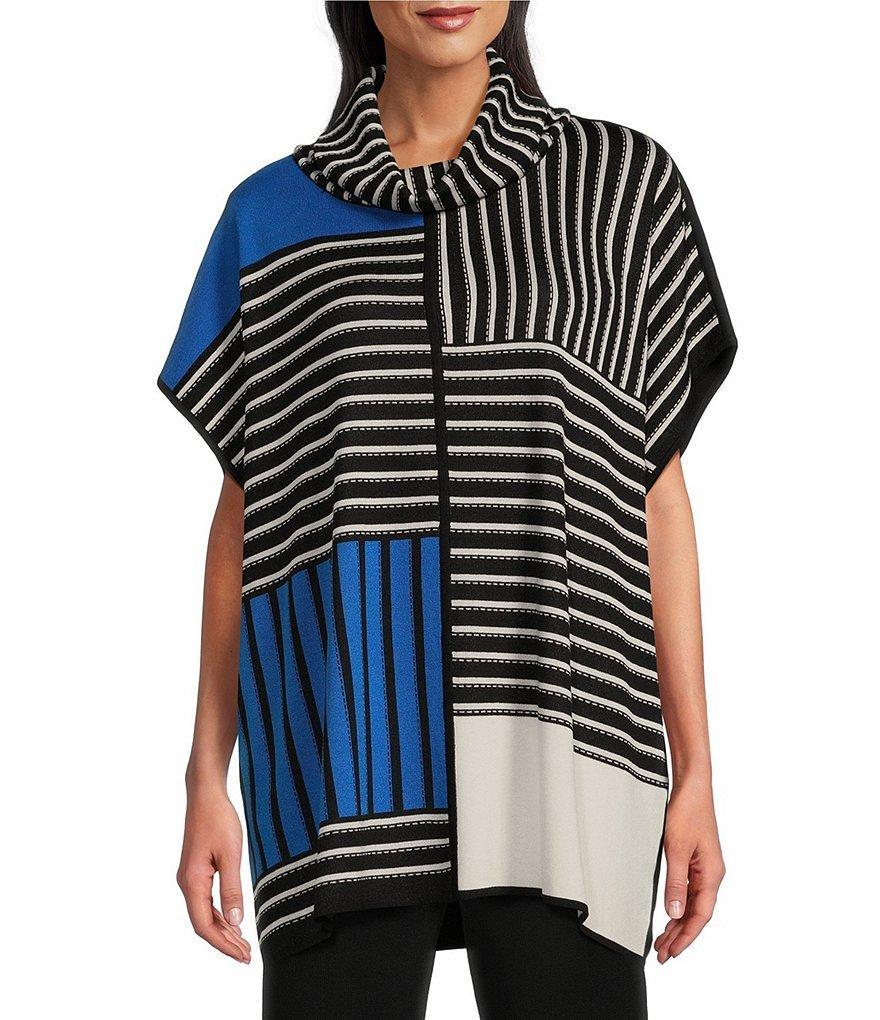 Ming Wang Printed Soft Knit Stripe Print Cowl Neck Elbow Sleeves Dropped Shoulder Tunic Product Image