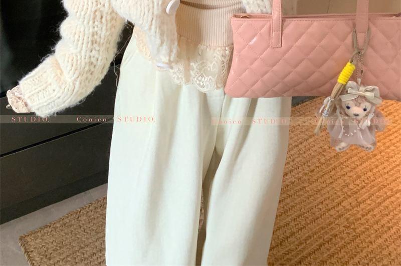 Round Neck Plain Cable Knit Button-Up Crop Cardigan / Long-Sleeve V-Neck Lace Panel Bow Accent Top Product Image