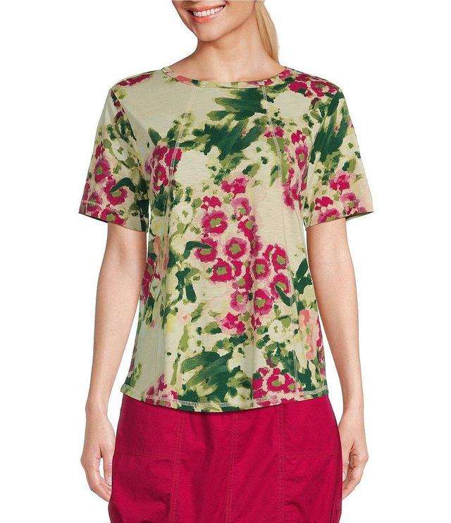 Westbound Petite Size Knit Floral Short Sleeve Crew Neck Top Product Image