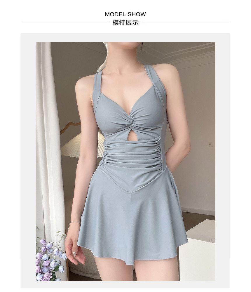 Sleeveless Cut Out Plain Swim Dress Product Image