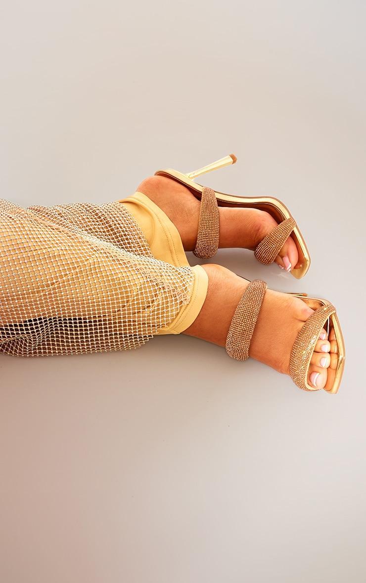 Gold Metallic Square Toe Diamante Padded Strap Heeled Sandals Product Image