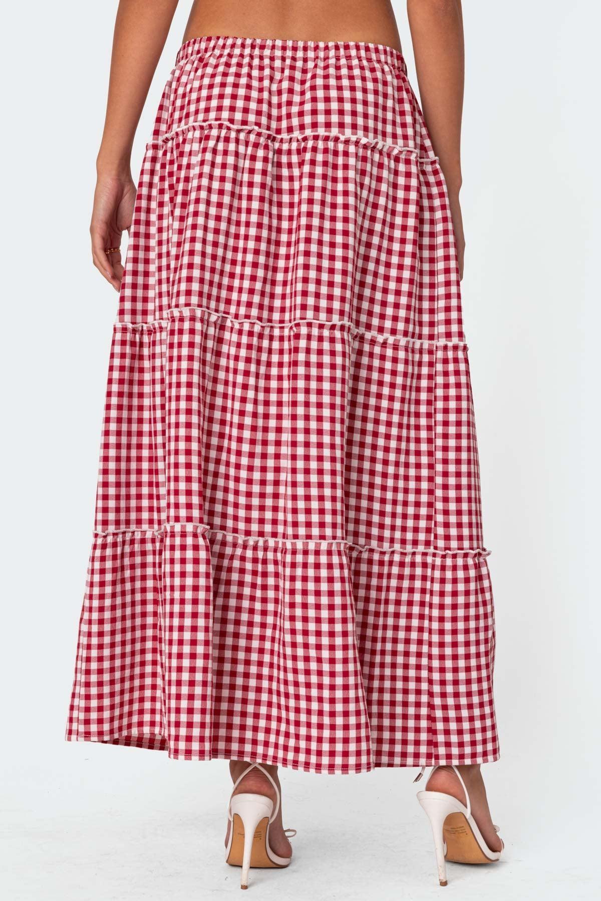 Gingham Side Slit Tiered Maxi Skirt Product Image