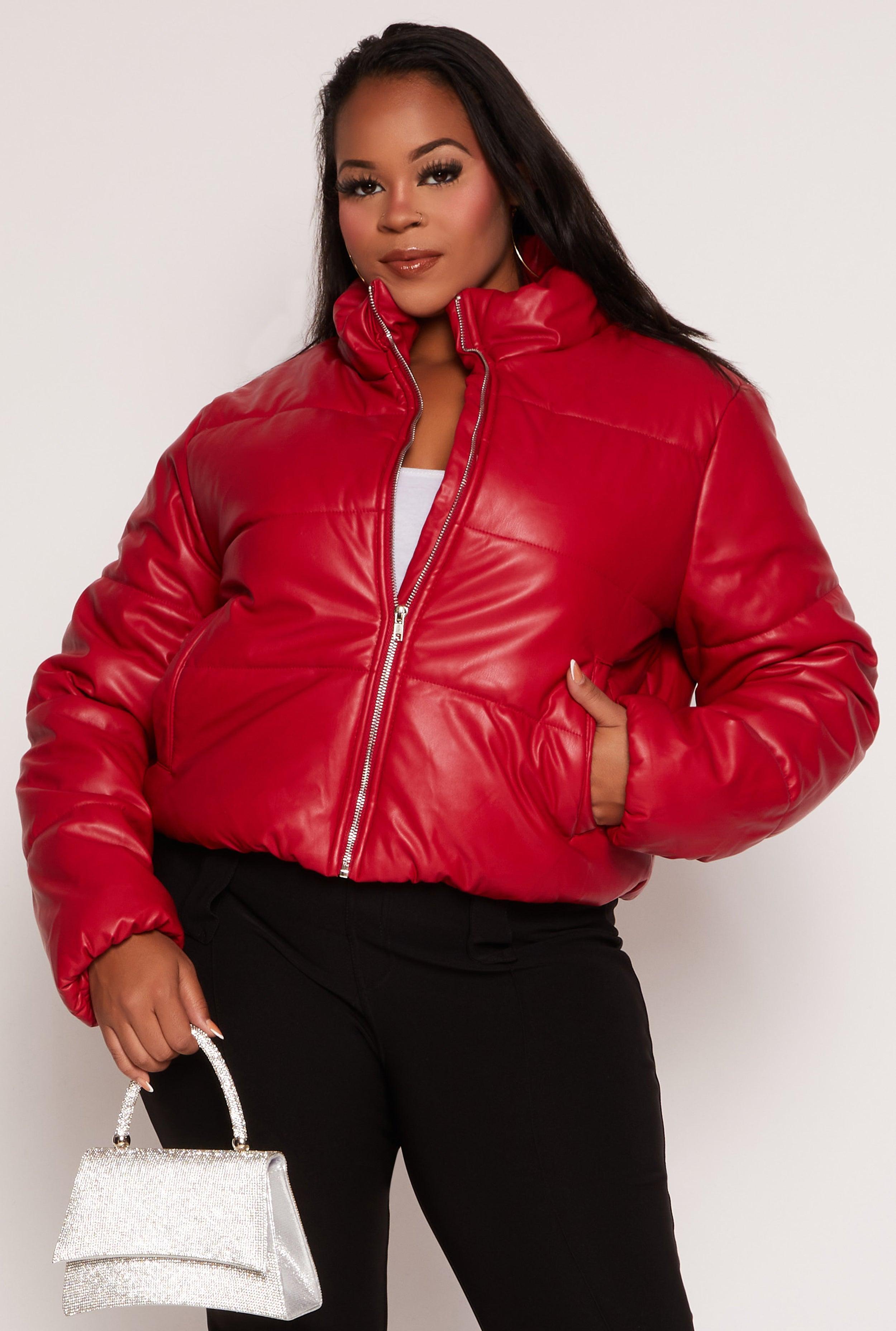 Womens Plus Size Faux Leather Zip Front Long Sleeve Puffer Jacket Product Image