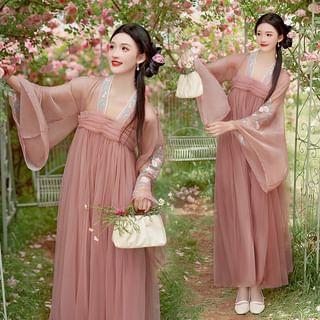 Long-Sleeve Square Neck Floral Embroidered Panel Mesh Maxi A-Line Hanfu Dress Product Image