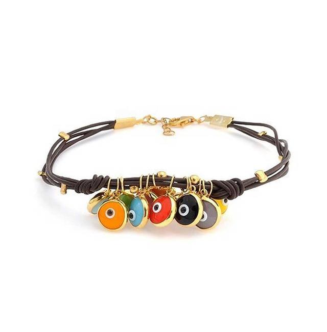 Bling Jewelry Boho Leather Brown Turkish Dangle Multi Color Evil Eye Charm Bracelet For Women Yellow Gold Plated Sterling Silver Adjustable Product Image