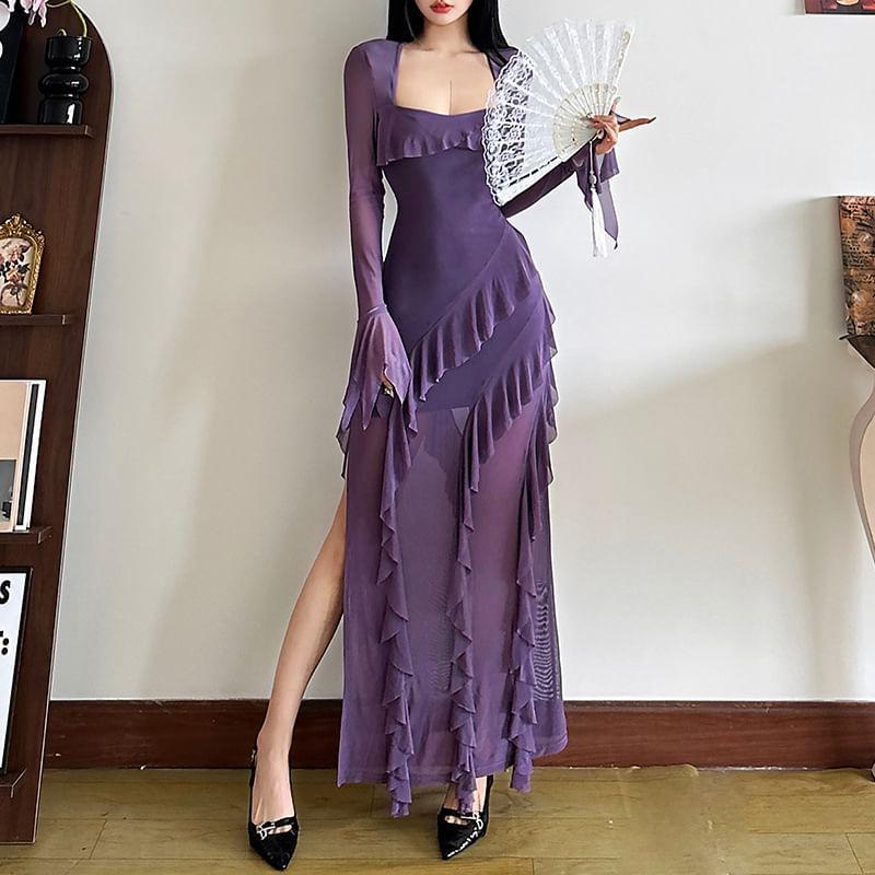 Long Sleeve Square Neck Plain Ruffle Panel Mesh Maxi Sheath Dress Product Image