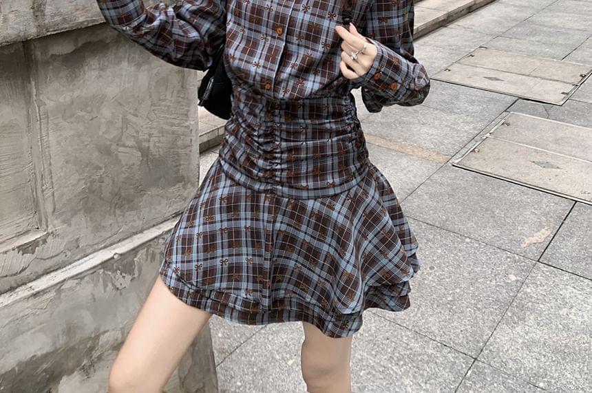 Long-Sleeve Collared Plaid Ruched Layered Half-Buttoned Mini A-Line Dress Product Image