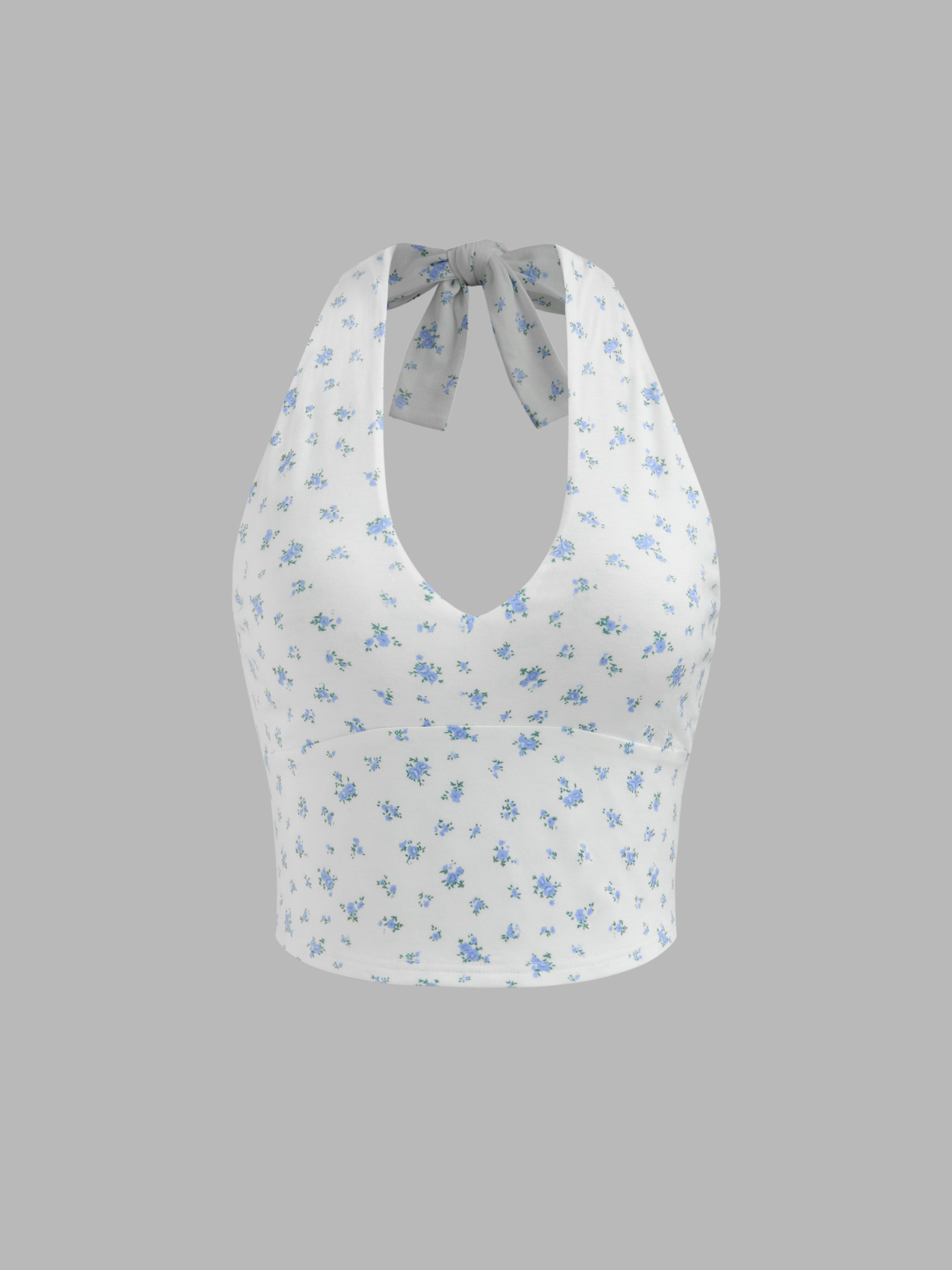 V-neck Ditsy Floral Knotted Halter Crop Top Product Image