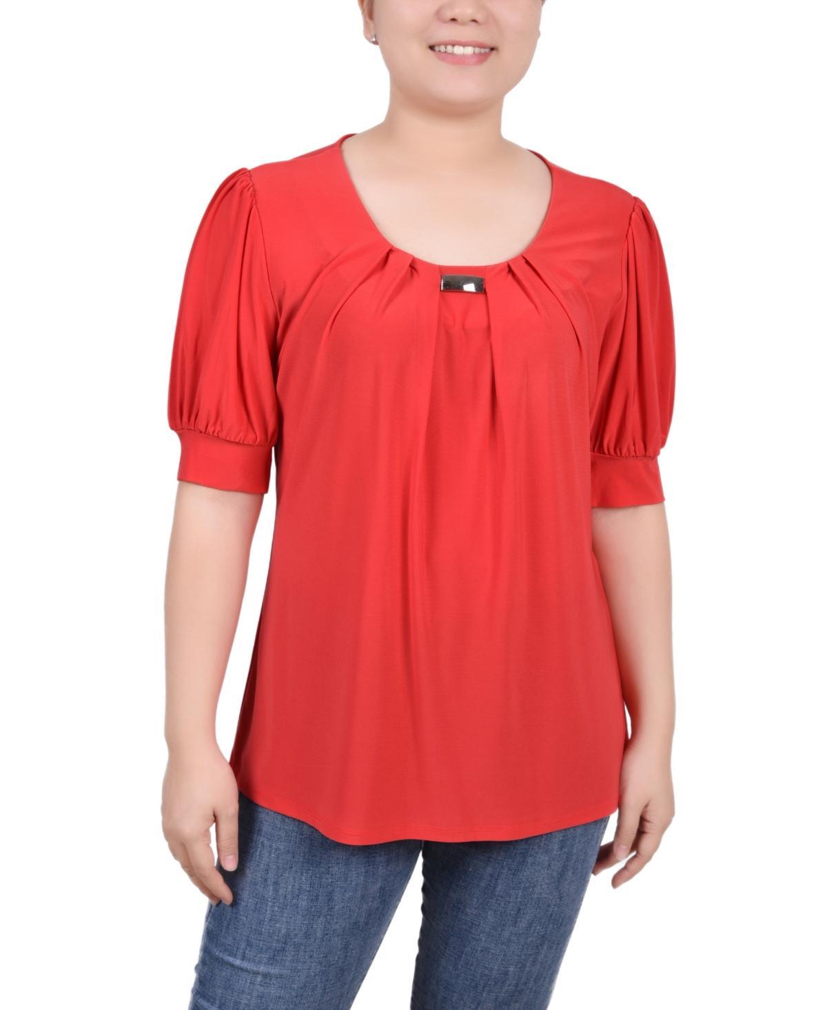 NY Collection Petite Puff Sleeve Pleated Front Blouse -BLUE Product Image