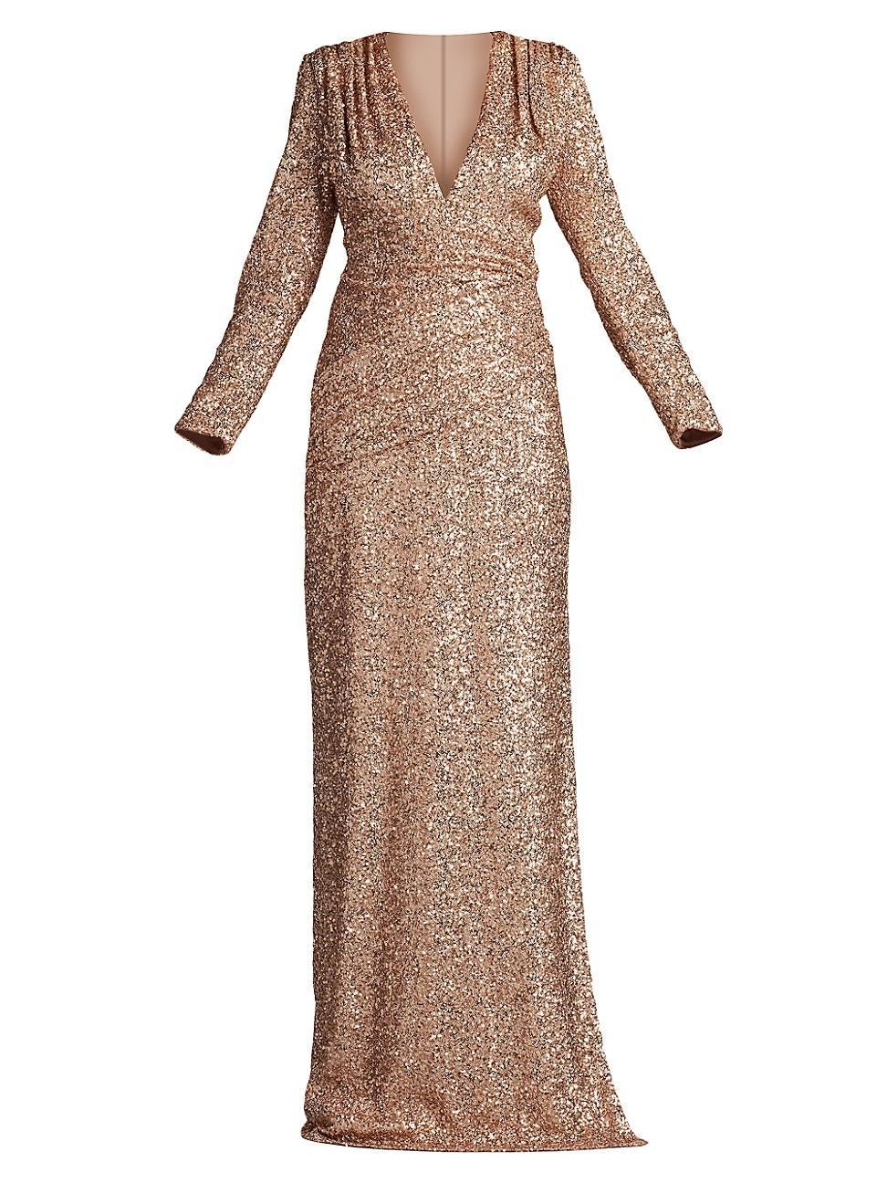 Womens Long Sleeve Sequined V-Neck Gown Product Image