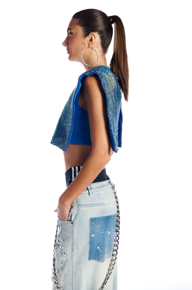 DISCO BABE SLEEVELESS RHINESTONE CROP TOP IN BLUE Product Image