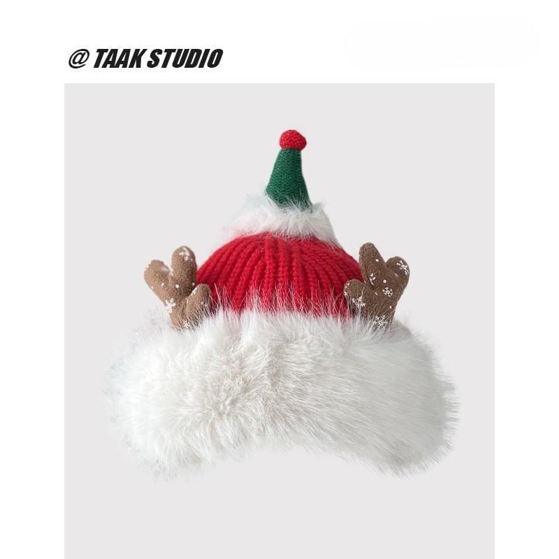 Christmas Deer Horn Chenille Knit Beanie Product Image