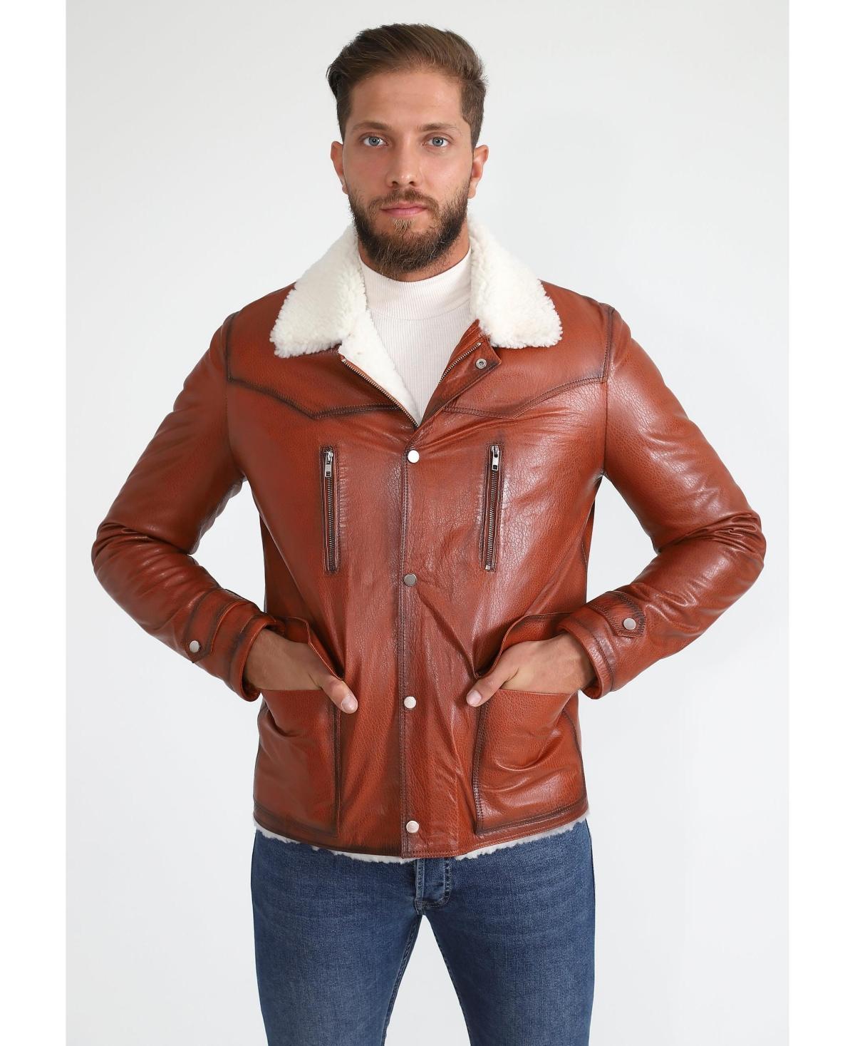 Mens Genuine Leather Coat with Shearling Lining Nappa and White Curly Wool - Whiskey Product Image