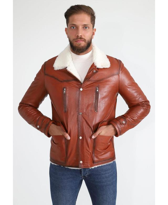 Mens Genuine Leather Coat with Shearling Lining Nappa and White Curly Wool - Whiskey Product Image