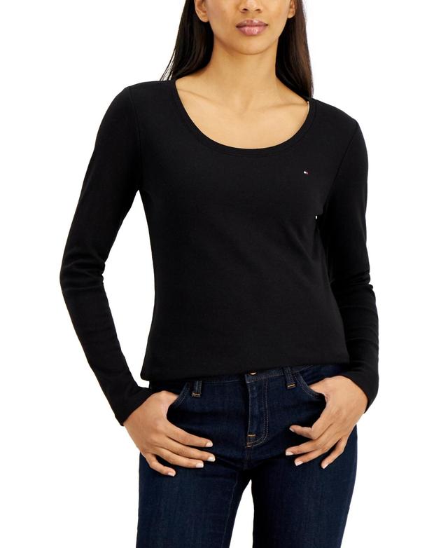 Tommy Hilfiger Womens Solid Scoop-Neck Long-Sleeve Top Product Image