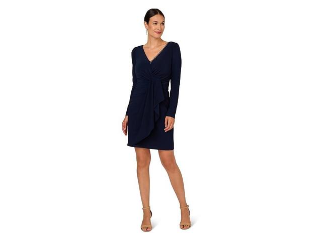 Adrianna Papell Long Sleeve Strecth Jersey Side Draped Dress (Midnight) Women's Dress Product Image