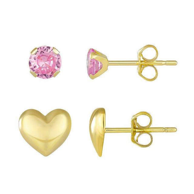 Taylor Grace 10k Gold Heart & Round Pink Cubic Zirconia Earring Set, Womens Product Image