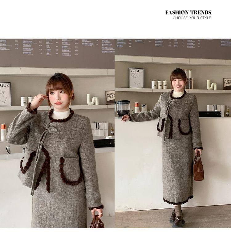 Set: Round Neck Fluffy Trim Frog Closure Jacket + High Rise Midi A-Line Skirt Product Image