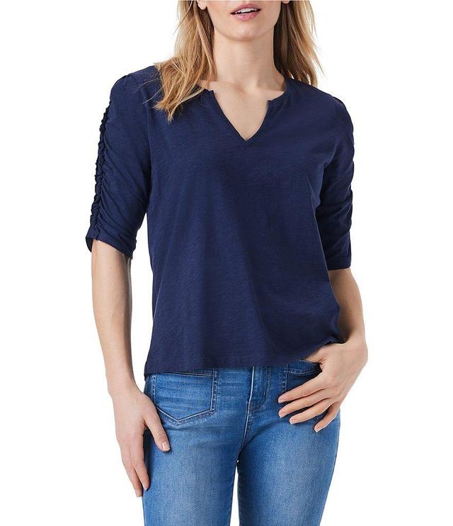 NIC + ZOE Cotton Knit Slub Split V-Neck Short Ruched Sleeve Tee Shirt Product Image