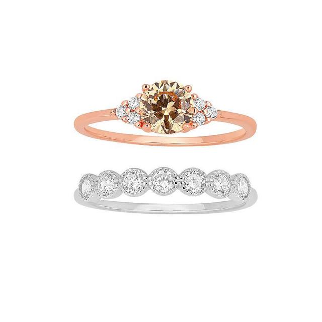 PRIMROSE Sterling Silver Champagne & White Cubic Zirconia Ring Duo Set, Womens Two Tone Pink Clear Product Image