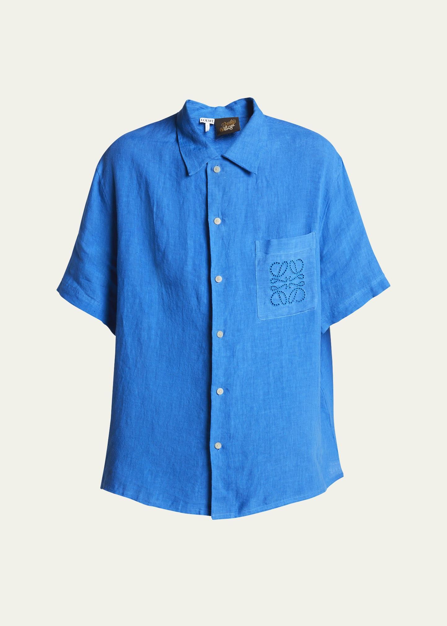 Mens Embroidered Anagram Linen Short-Sleeve Shirt Product Image