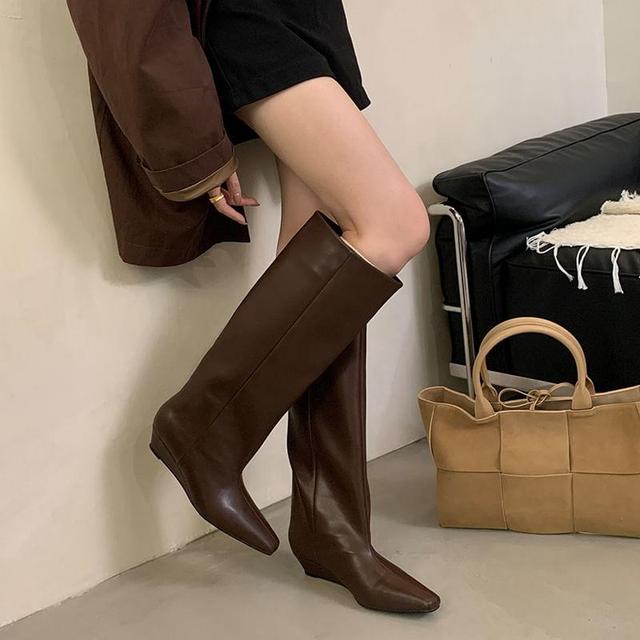 Wedge Heel Plain Faux Leather Tall Boots Product Image