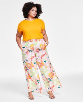 Trendy Plus Size Crewneck Bungee Top & Printed Pull-On Wide-Leg Pants, Created for Macy's  Product Image