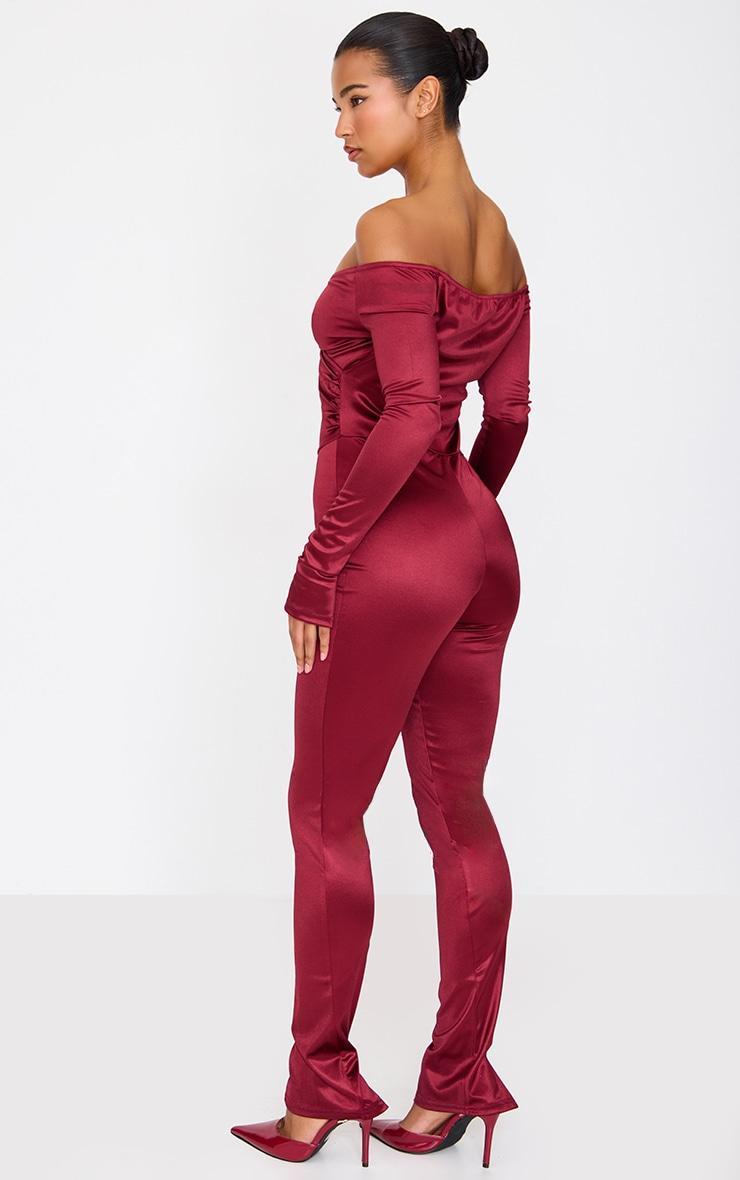 Burgundy Stretch Satin Cross Front Bardot Split Hem Jumpsuit Product Image