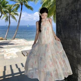 Sleeveless Mock Neck Floral Print Ruffle Panel Maxi A-Line Dress Product Image