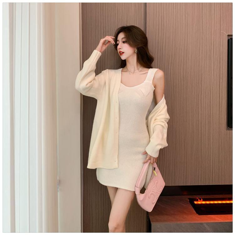 Set: Sleeveless Ribbed Mini Sheath Knit Dress + V-Neck Cardigan Product Image