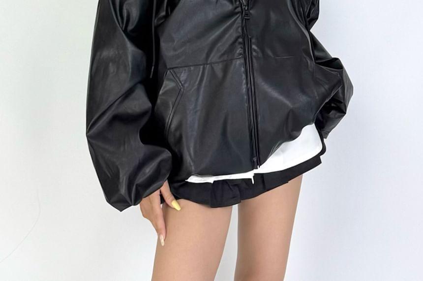 Plain Hood Faux Leather Zip Jacket Product Image