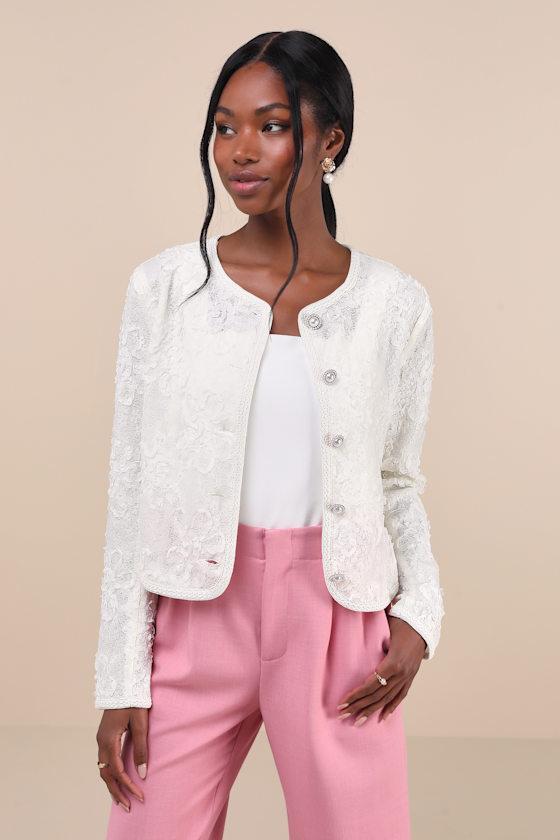 Sophisticated Confidence Ivory Lace Pearl Braid Trim Jacket Product Image