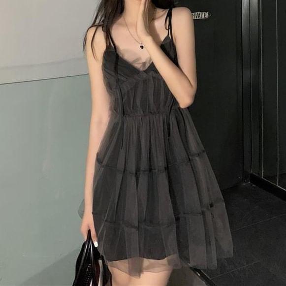 Sleeveless V-Neck Mesh Mini A-Line Dress Product Image