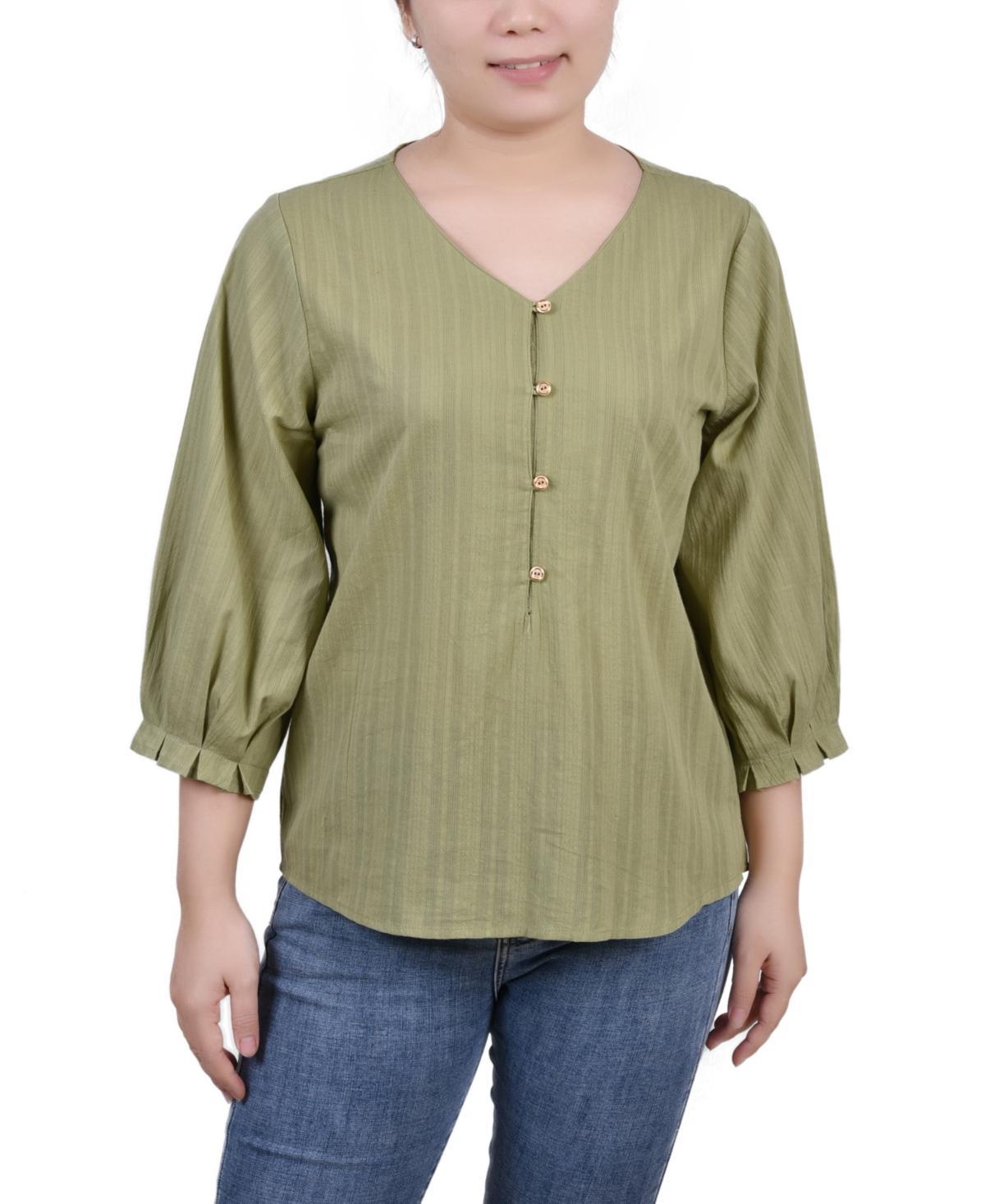 Petite Size 3/4 Sleeve Button Placket Jacquard Blouse product image