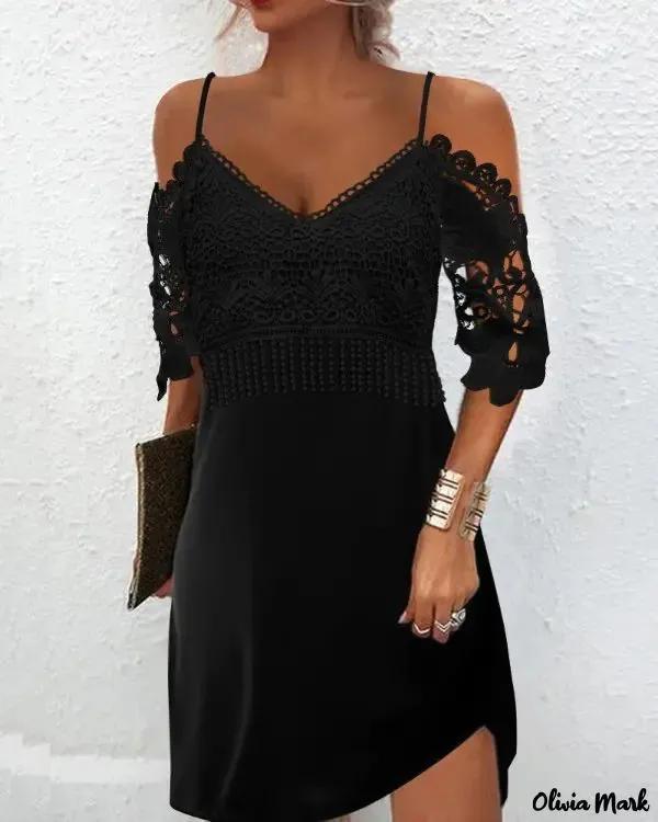 Olivia Mark – Contrast Lace Off Shoulder Casual Dress Product Image