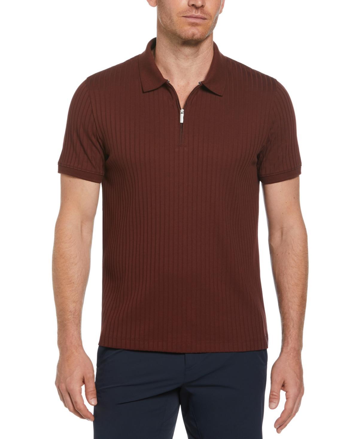 Perry Ellis Mens Slim-Fit Ribbed-Knit 1/4-Zip Polo Shirt Product Image