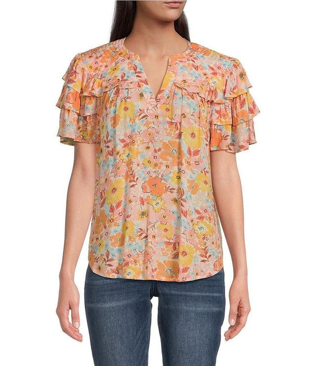 Democracy Woven Floral Split V-Neck Short Flutter Sleeve Shirt Product Image