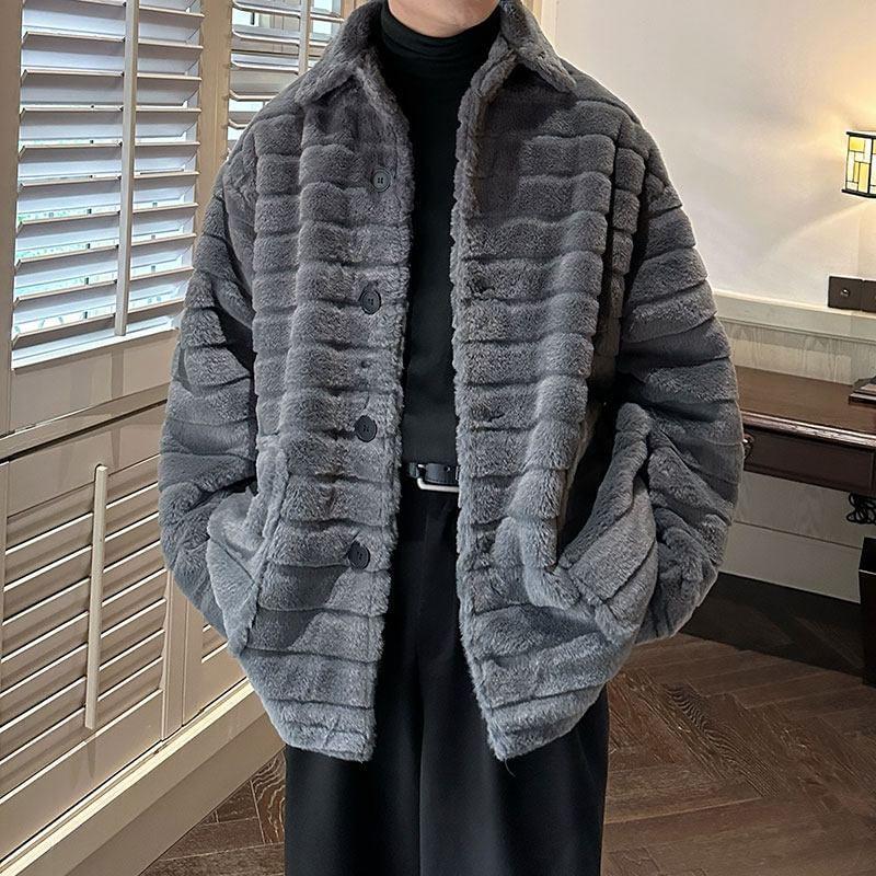 Collared Plain Fluffy Button Jacket Product Image