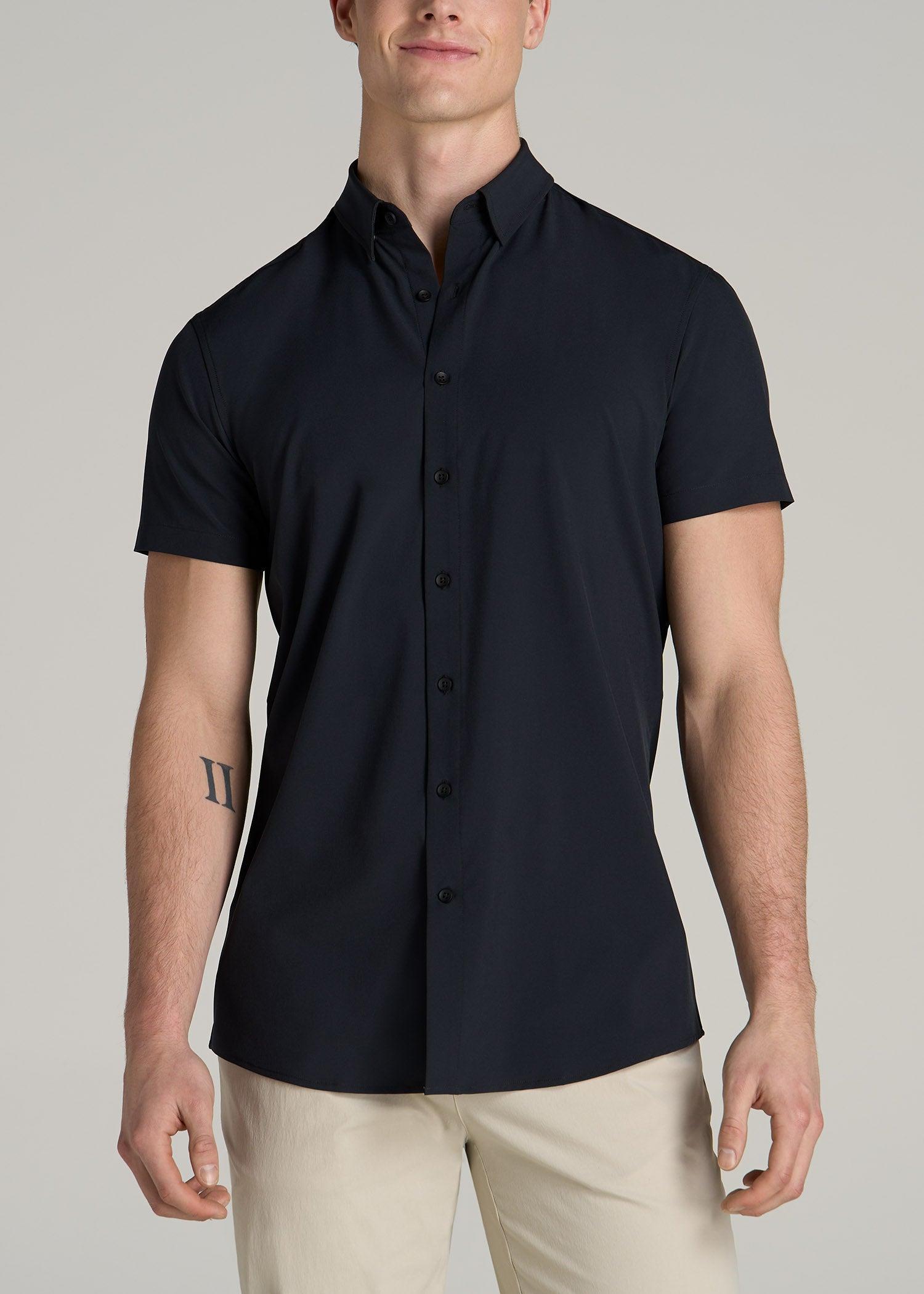 Short Sleeve Traveler Stretch Button Shirt for Tall Men in Black Male Product Image