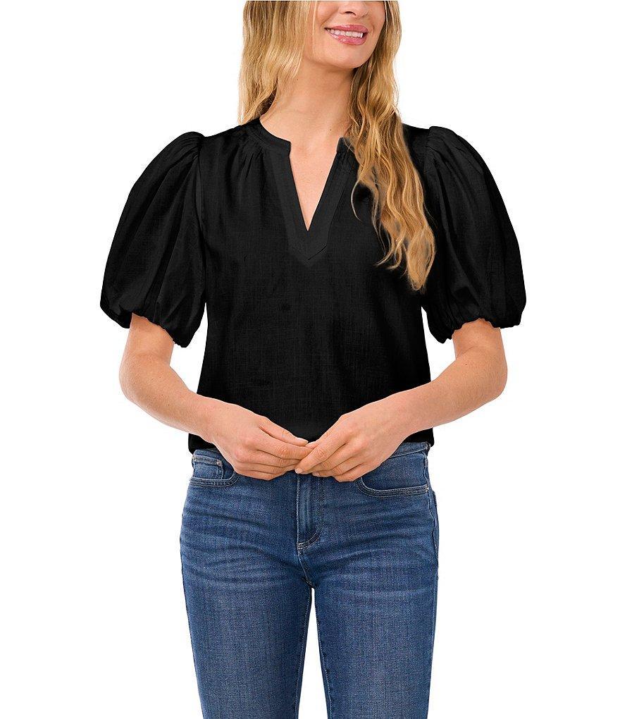 CeCe V-Neck Short Puffed Sleeve Blouse Product Image